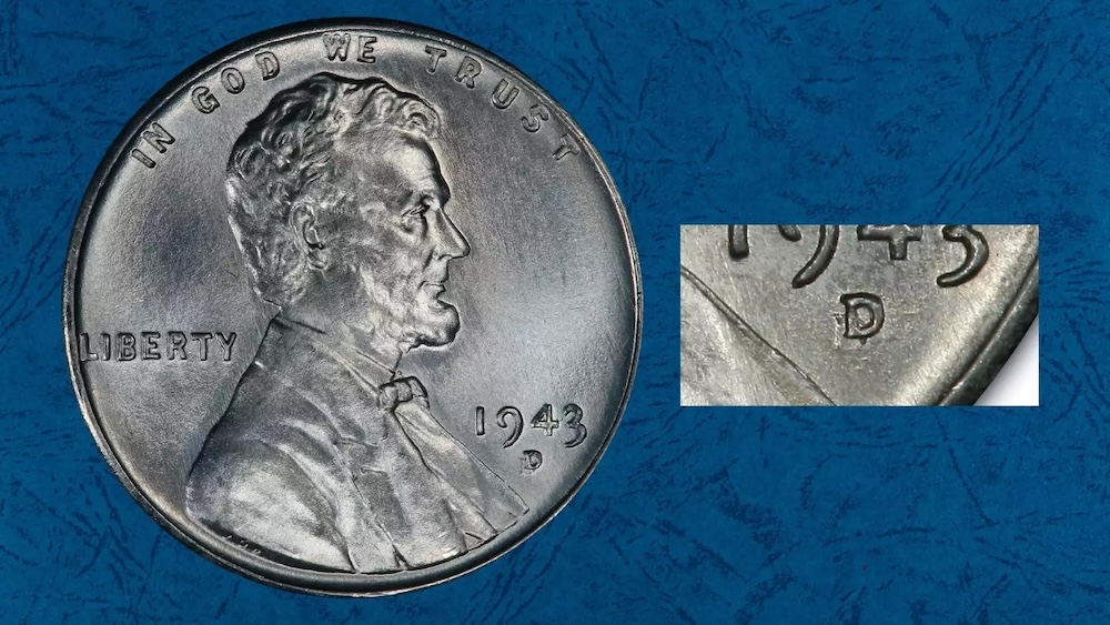 1943 bronze cent next to 1943 steel cent showing color difference